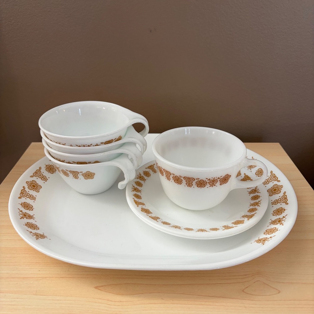 Corelle Butterfly Gold Vintage Tea Cups Saucers and Oval Serving Platter Set